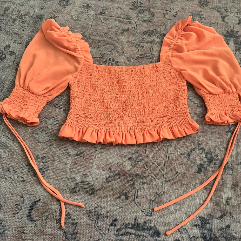 Blue Blush Orange Puff Sleeve Blouse with Smocked Ruffle